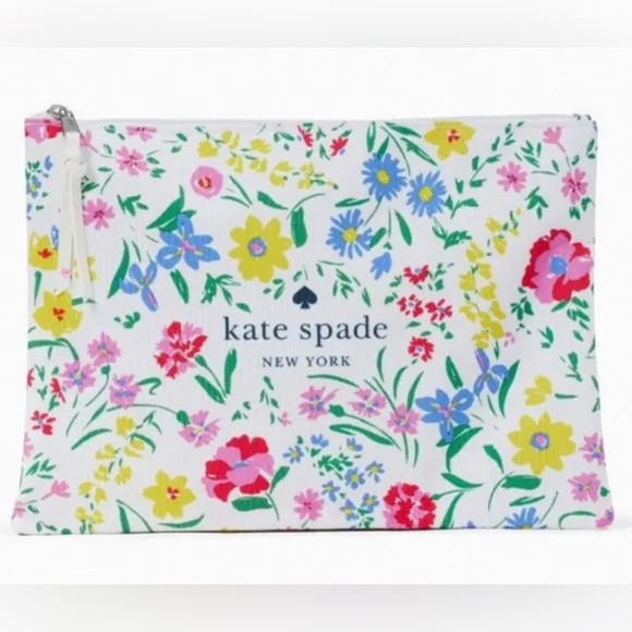New Kate Spade New England Floral Large Cosmetic Pouch White Canvas Zipper - Picture 1 of 3